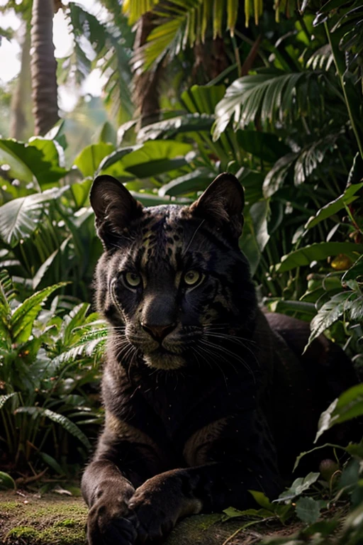 (photorealistic, highest quality, high definition, ultra-detailed), (portrait: 1.2), jaguar, lush green foliage, piercing eyes, sleek black fur, muscular build, intense gaze, majestic presence, glimmering in the sunlight, powerful predator, blending into the jungle, silent and stealthy, capturing the essence of strength and grace, vibrant and realistic colors, intricate details of each strand of fur, lifelike texture, the epitome of wildlife elegance, intense focus, wild and untamed beauty.