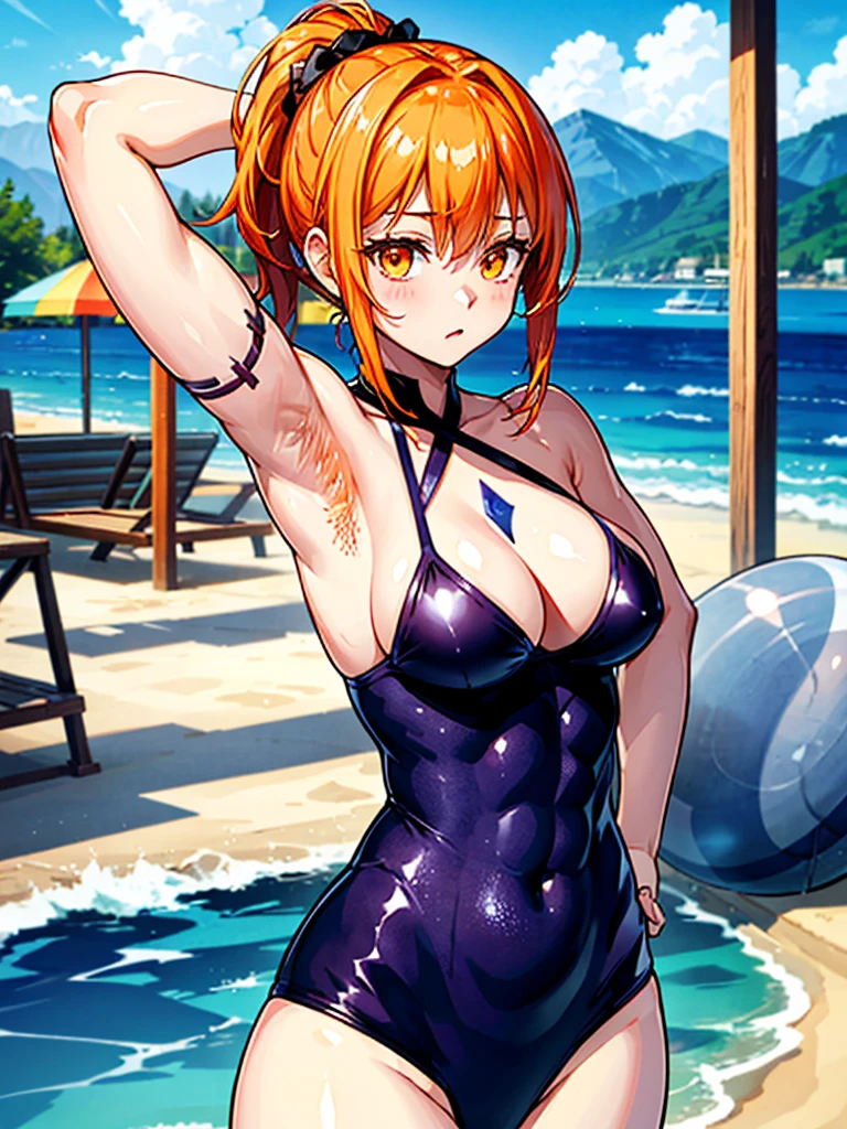 （（（masterpiece、Highest image quality、highest quality、highly detailed unity 8ｋwallpaper）））、（（Illustration of one girl））、beautiful girl、（（orange hair、side ponytail、sidelocks：1.4、orange eyes））、（（（stocky build：1.4, thickset physique：1.6, muscular legs, broad shoulders, solid chest：1.4）））、（（（orange hairy armpits：1.4）））、(armpit hair:1.4)、swimsuit、sandy beach