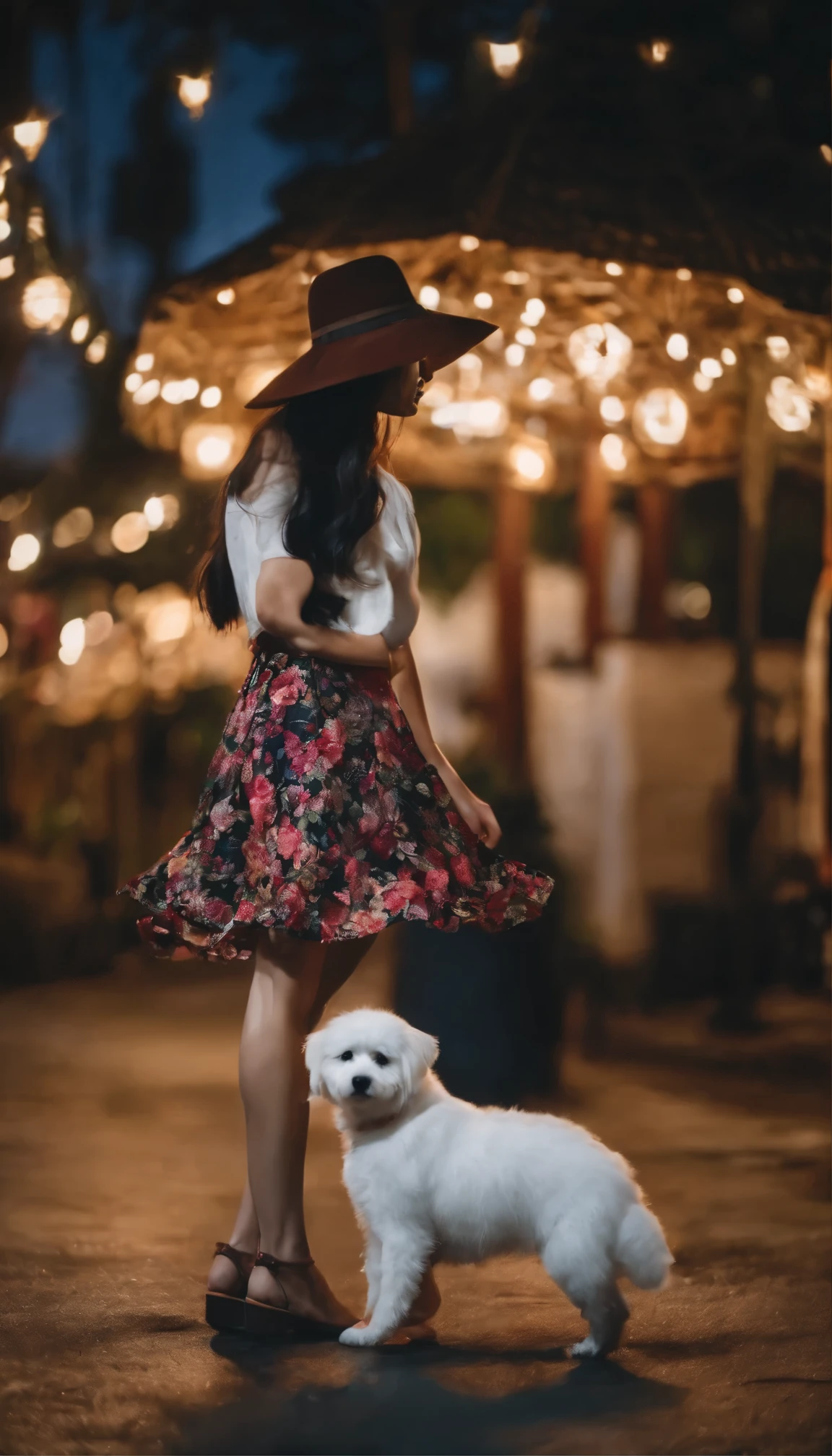 Asian girl wearing floral skirt at night,with hat,half squat,Holding a white dog,using,reality