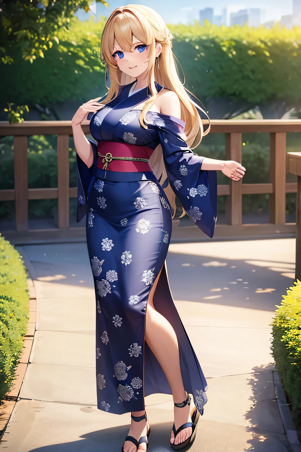 (best quality), (masterpiece), 1080p, hd, 4k, 8k, pretty face, beautiful, pretty hands, incredible, beautiful eyes, blonde haired girl, lond hair, medium breasts, long eyelashes, full body, blue eyes, perfect legs, japanase yukata, smiling cute, sfw, standing, black sandals,