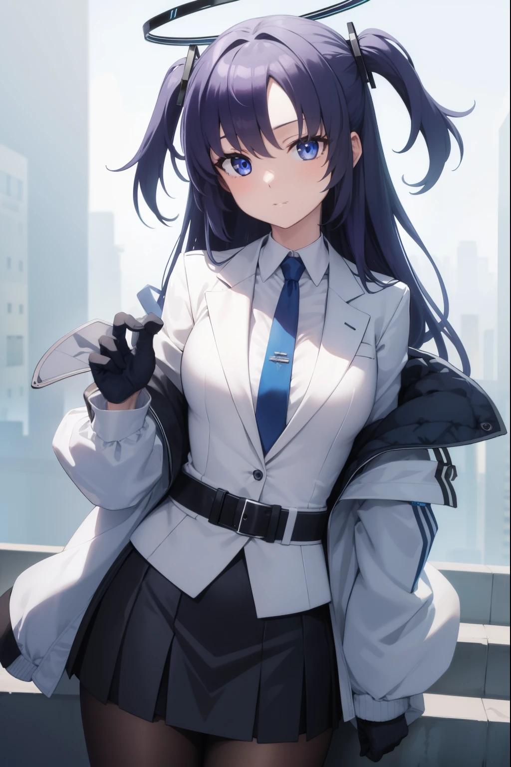 bluearchiveyuuka, yuuka, blue eyes, halo, purple hair, two side up, long hair,
BREAK belt, black gloves, black jacket, black skirt, blue necktie, gloves, halo, jacket, necktie, off shoulder, skirt, two-sided fabric, two-sided jacket, white belt, (white jacket:1.5),
BREAK looking at viewer, 
BREAK outdoors,
BREAK (masterpiece:1.2), best quality, high resolution, unity 8k wallpaper, (illustration:0.8), (beautiful detailed eyes:1.6), extremely detailed face, perfect lighting, extremely detailed CG, (perfect hands, perfect anatomy),