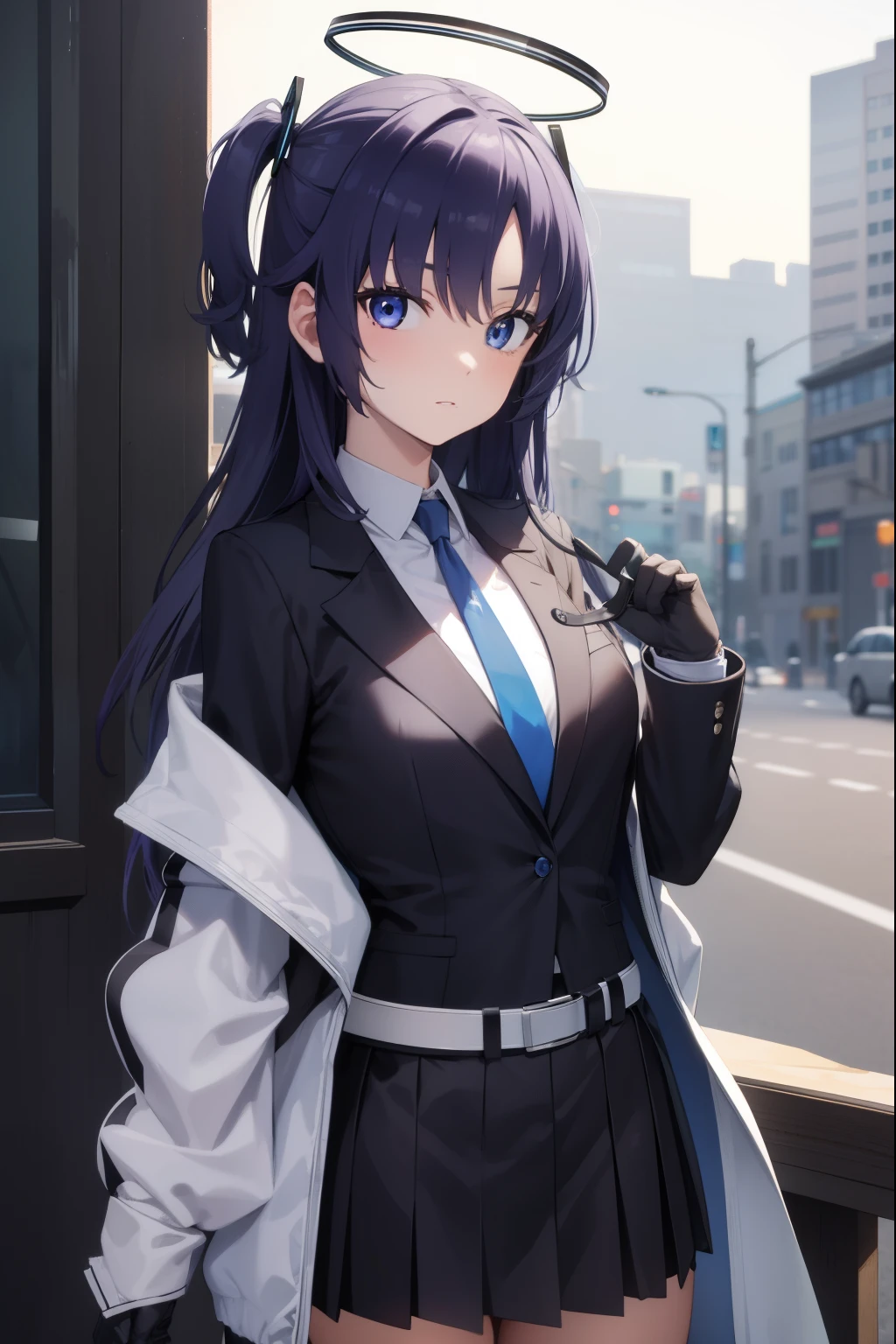 bluearchiveyuuka, yuuka, blue eyes, halo, purple hair, two side up, long hair,
BREAK belt, black gloves, black jacket, black skirt, blue necktie, gloves, halo, jacket, necktie, off shoulder, skirt, two-sided fabric, two-sided jacket, white belt, (white jacket:1.5),
BREAK looking at viewer, 
BREAK outdoors,
BREAK (masterpiece:1.2), best quality, high resolution, unity 8k wallpaper, (illustration:0.8), (beautiful detailed eyes:1.6), extremely detailed face, perfect lighting, extremely detailed CG, (perfect hands, perfect anatomy),