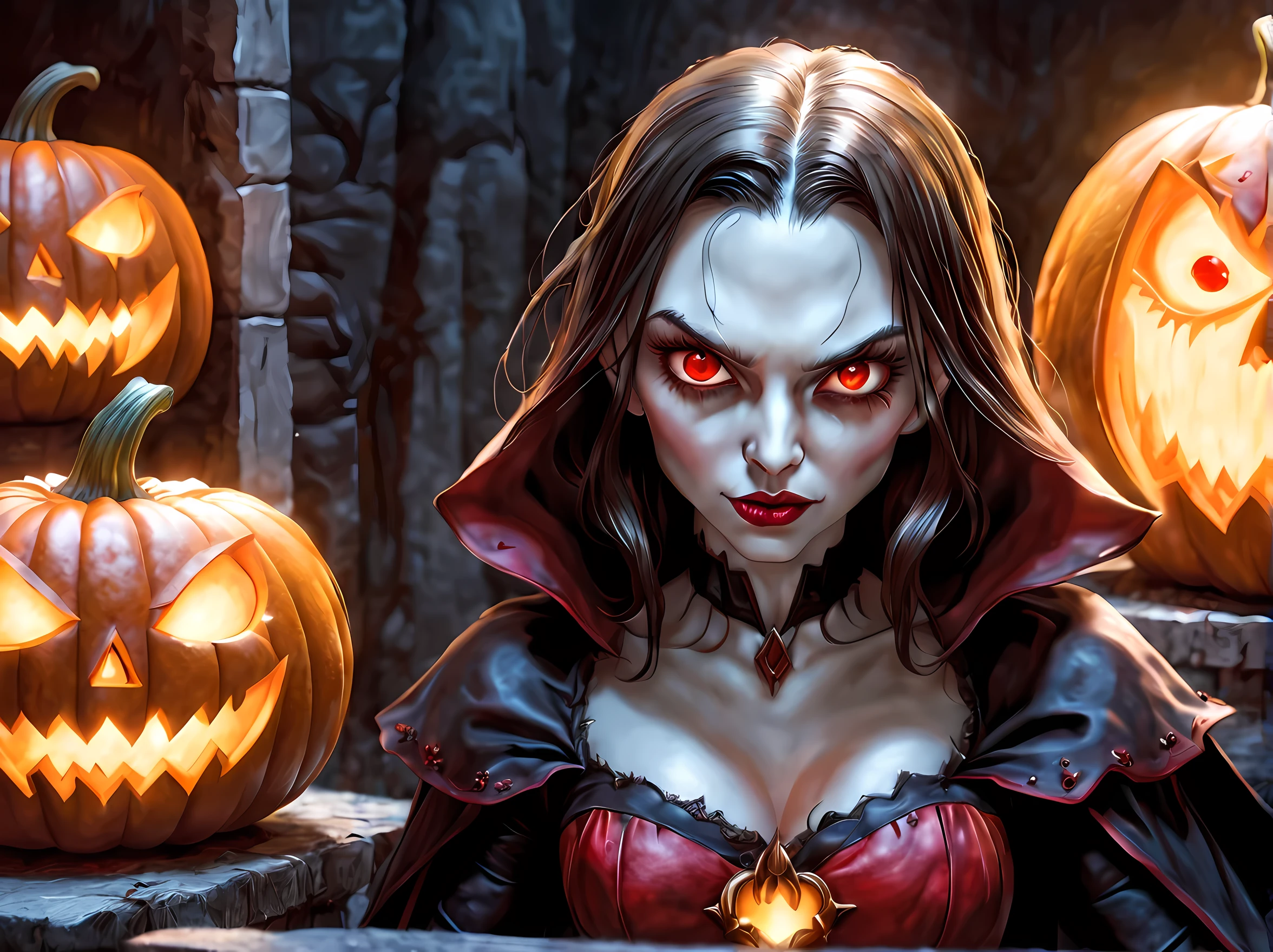 Pumpkin carved art of female vampire carved from pumpkin, glowing red eyes, reflection light, high details, best quality, 16k, [ultra detailed], masterpiece, best quality, (extremely detailed), close up, ultra wide shot, photorealistic, RAW, fantasy art, dnd art, fantasy art, realistic art,((best quality)), ((masterpiece)), (detailed), perfect face