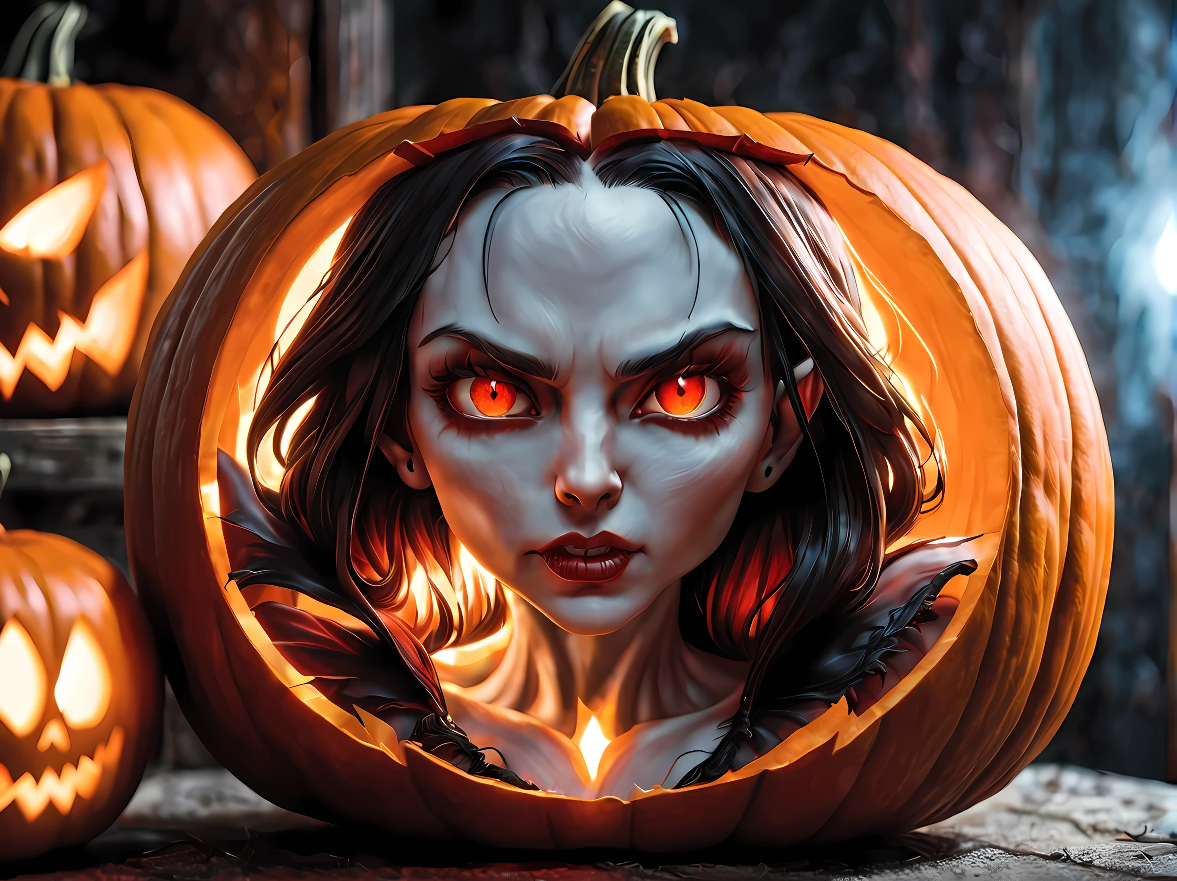 Pumpkin carved art of female vampire carved from pumpkin, glowing red eyes, reflection light, high details, best quality, 16k, [ultra detailed], masterpiece, best quality, (extremely detailed), close up, ultra wide shot, photorealistic, RAW, fantasy art, dnd art, fantasy art, realistic art,((best quality)), ((masterpiece)), (detailed), perfect face