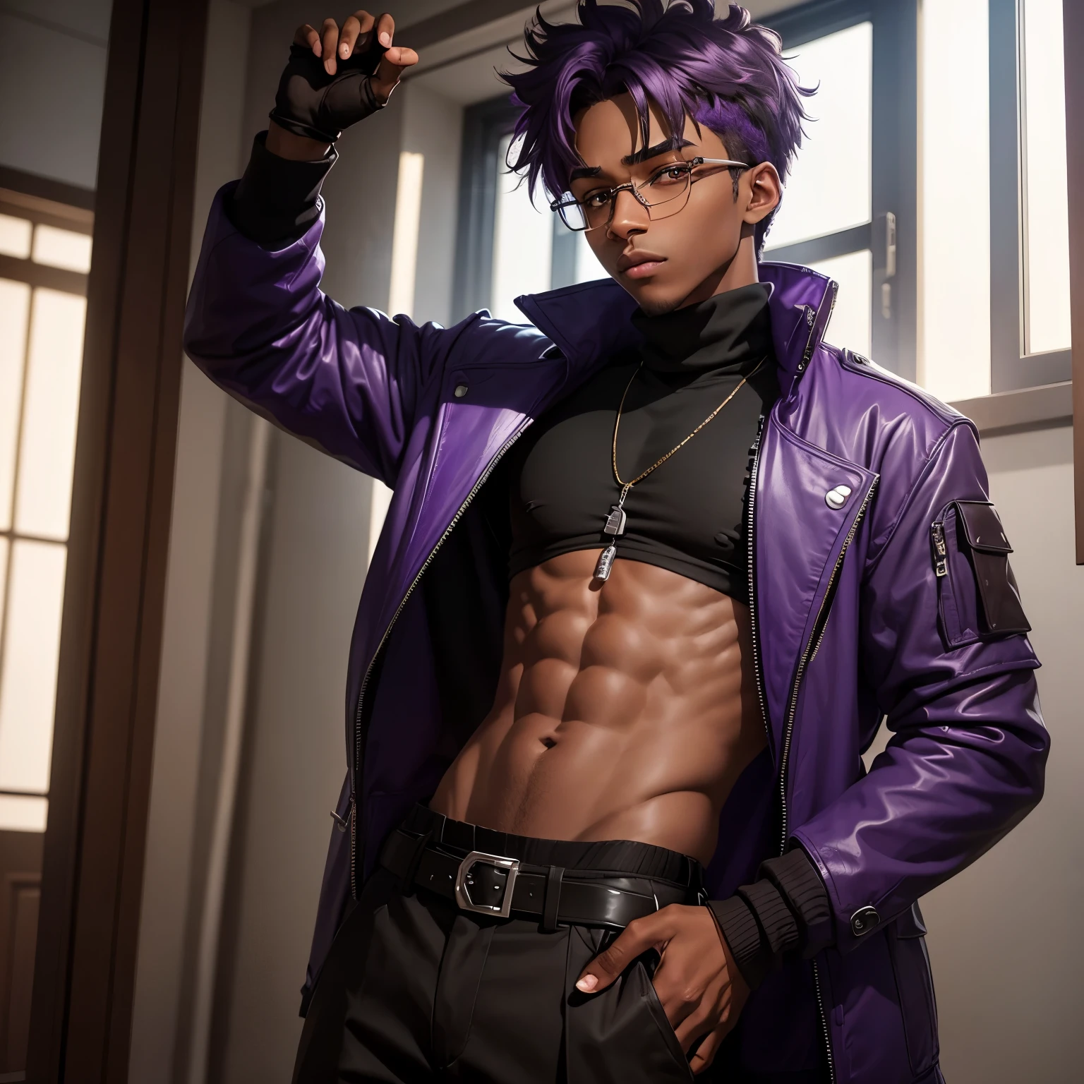 A boy with brown skin, Baggy pants, brown long hair with purple tips, black turtleneck, brown eyes, purple glasses, black fingerless gloves, and a dark purple jacket around the waist.