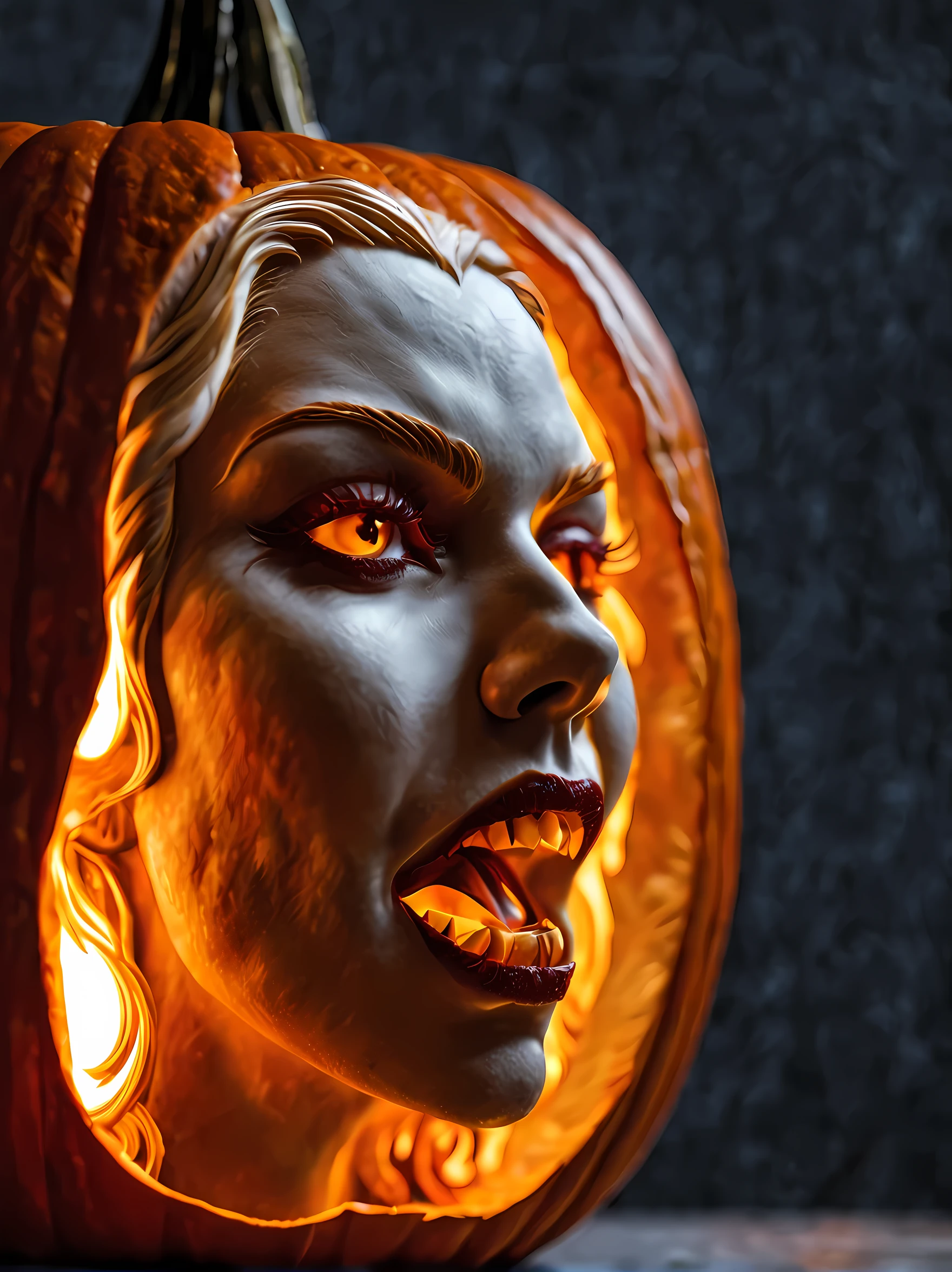 Pumpkin carved art of female vampire carved from pumpkin, glowing red eyes, reflection light, high details, best quality, 16k, [ultra detailed], masterpiece, best quality, (extremely detailed), close up, ultra wide shot, photorealistic, RAW, fantasy art, dnd art, fantasy art, realistic art,((best quality)), ((masterpiece)), (detailed), perfect face