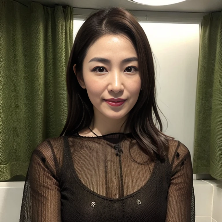 dark brown hair, light brown eyes, Japanese actress face, woman, Japanese actress in her 50s,beautiful aunt, (highest quality: 1.4), (ultra high resolution: 1.2), ultra high resolution, (fine eyes), (detailed facial features), HDR, 8K resolution, Terrace in the forest,Plump erotic body、normal size breasts,glossy lips、 wrapped in a bath towel, long hair,自然なワンレンlong hair,The beauty of slim abs: 1.3,a seductive look, super fine face, delicate eyes, double eyelid, smile, Home、sexy pose、Erotic Poses、It feels like he's clearly inviting me、Pheromones are emitted