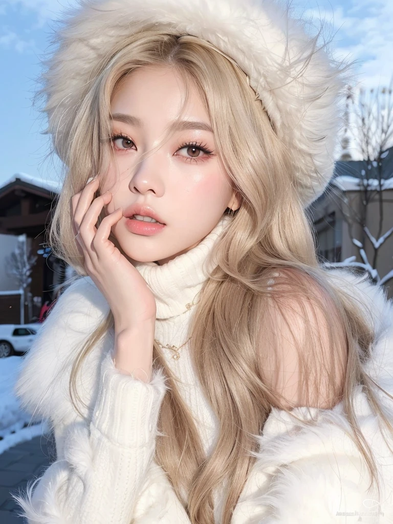 araffe woman with long blond hair wearing a white fur hat, parque roseanne de blackpink, Ulzzang, Lalisa Manobal, sakimichan, portrait of japanese gyaru, linda mulher sul-coreana, Lalisa Manoban do Blackpink, cabelo muito comprido cor de neve, linda jovem coreana, com cabelos longos brancos, adorable and pale korean face