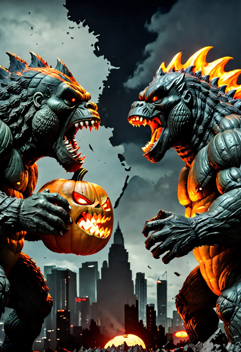 confrontation split screen theme on pumpkin, King Kong vs. Godzilla, clean lines, ambient light, octane render, (best quality, masterpiece, Representative work, official art, Professional, 8k:1.3)