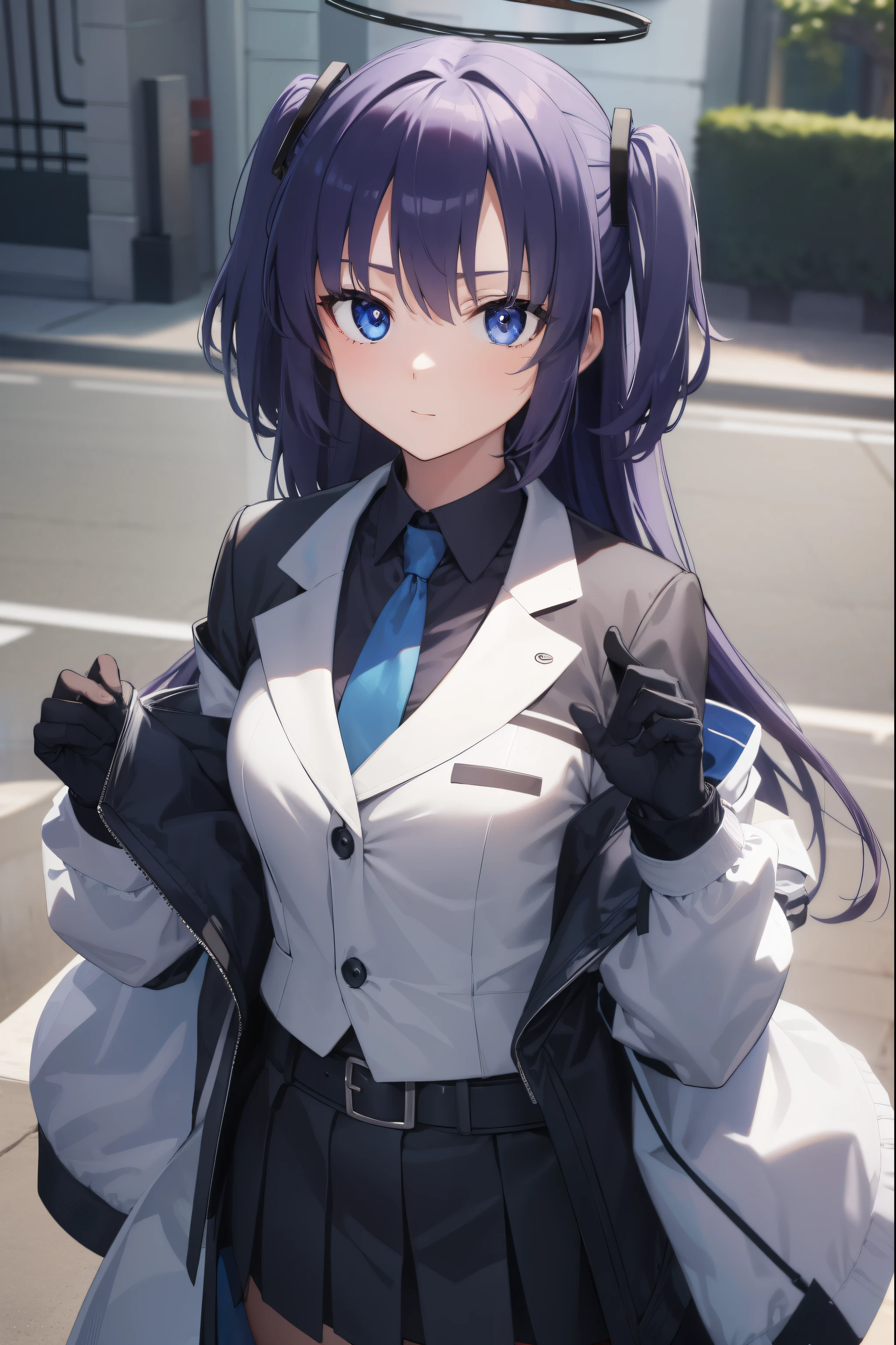 bluearchiveyuuka, yuuka, blue eyes, halo, purple hair, two side up, long hair,
BREAK belt, black gloves, black jacket, black skirt, blue necktie, gloves, halo, jacket, necktie, off shoulder, skirt, two-sided fabric, two-sided jacket, white belt, (white jacket:1.5),
BREAK looking at viewer, 
BREAK outdoors,
BREAK (masterpiece:1.2), best quality, high resolution, unity 8k wallpaper, (illustration:0.8), (beautiful detailed eyes:1.6), extremely detailed face, perfect lighting, extremely detailed CG, (perfect hands, perfect anatomy),