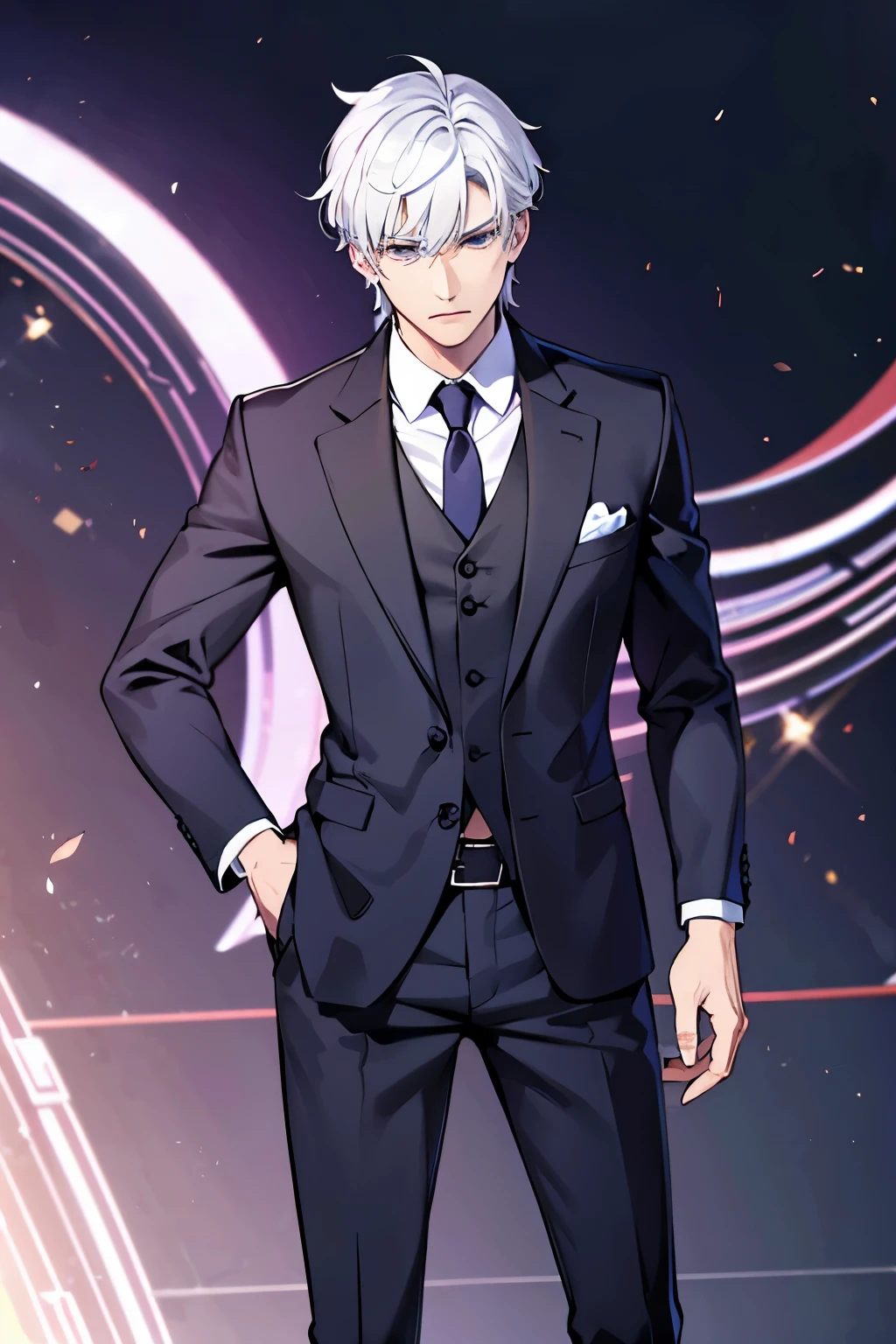 perfect face,noble,Suit,gorgeouan,whole body,white hair,Handsome action,Melancholic temperament
