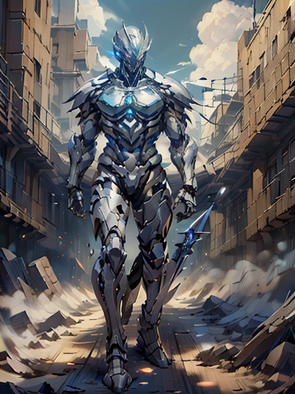 The man wears tight-fitting armor that resembles that of the Arkham Knight. The material is dark and resistant, with raised details that suggest advanced technology. The armor covers his body from his neck to his feet., providing protection without sacrificing mobility.

Instead of the navy blue jacket, He now wears a navy blue leather cape that flutters behind him as he adjusts his wrist cuffs.. The wristbands are metal, with intricate engravings and small light blue LED lights that flash intermittently. They are connected to his suit and probably contain special functions, as communication or projection of holograms.

The silver knife is still in his hand, but now it seems sharper and more lethal, as if it were specifically designed to confront supernatural threats. His red sneakers have been replaced by sturdy boots with non-slip soles., ideal for climbing walls or jumping between buildings.

The character leans forward slightly, concentrated on adjusting the wristbands. His intense gaze is reflected in the diamond-shaped eyes of his featureless face.. The armor fits perfectly to his athletic figure.