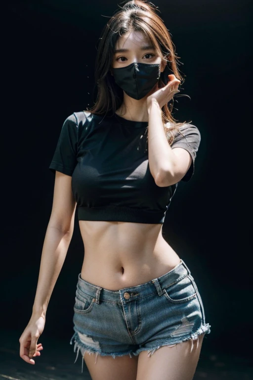 Ridiculous resources, RAW photos, 极其精致beauty, masterpiece, best quality, 超high resolution,best quality， masterpiece， high resolution，8k，（realistically：1.4），超high resolution，1 girl， Super detailed， Surreal， Very detailed CG illustrations， official art， movie lighting， actual， young beautiful girl， Perfect body， Perfect body， Full view， Perfect body， （Look up at camera：1.2）， wear mask， 的posture， long legs， confident， beauty， Gray short sleeves， open belly， Black super shorts， S-shaped body， ，placed in a，posture，Different perspectives，atmospheric distance sense，dance warm up