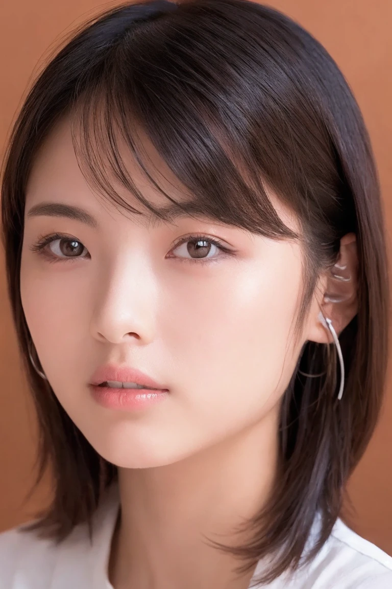 (hyperrealism), best quality, masterpiece, ultra high res, (photorealistic:1.4), 1girl, 16 years old, very sexy, bbmb, simple gray background, Michan,smile