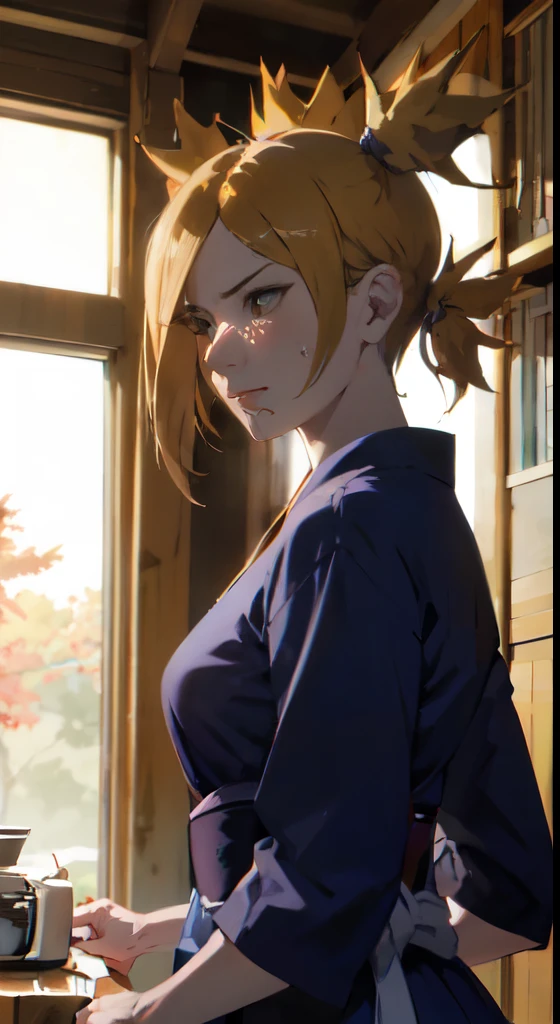 obra maestra, absurdo , (detalles intrincados), (vistoso),cinematic lighting,Disparo de reventado,Fondo de pantalla CG unity 8k extremadamente detallado,temario\(boruto\), 1 chica, mujer madura,kimono azul, session, Hojas al aire libre:1.3), Autumn leaves, (Autumn), luz de sol, arce, labio entreabierto,Viento, ver al espectador, temario\(boruto\),(breathe through,sudar mucho,rubor,Estar rojo en la cara,I had a lot of sweat on my face,rubor),(encorvado,contrafuerte,pose encantadora,una pose sexy)