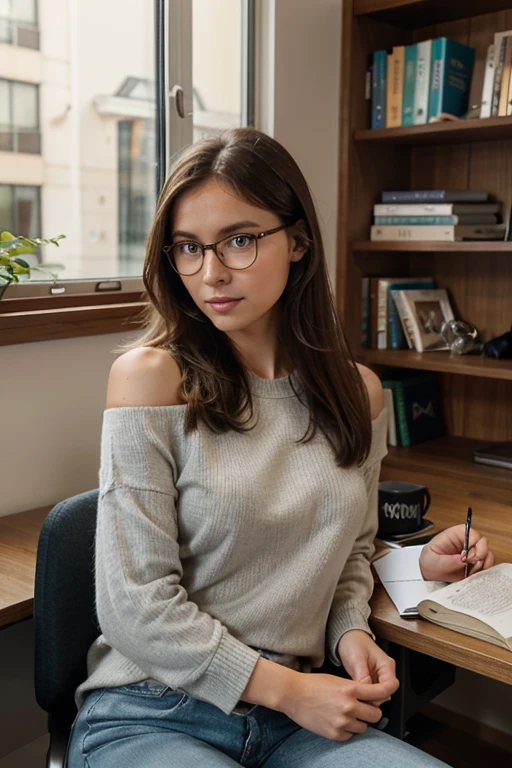 Generate a photo of a 30 years old woman with a sweet expression. She is around 72 kg. With a big empty white speech balloon. she is in a library. She has shoulder-length, straight chestnut brown hair, neatly styled. Her face, oval-shaped with soft features, is adorned with round, thin-framed glasses that accentuate her intelligent gaze. She has light blue eyes, a small, straight nose, and a gentle smile. The woman is wearing a casual yet stylish outfit perfect for a study session: a cozy, light grey crewneck sweater paired with dark blue jeans. She's seated at a wooden desk, surrounded by German language books and a laptop, in a well-lit, comfortable study room. The background includes a bookshelf filled with various books, a potted plant, and a window showing a serene outdoor scene.