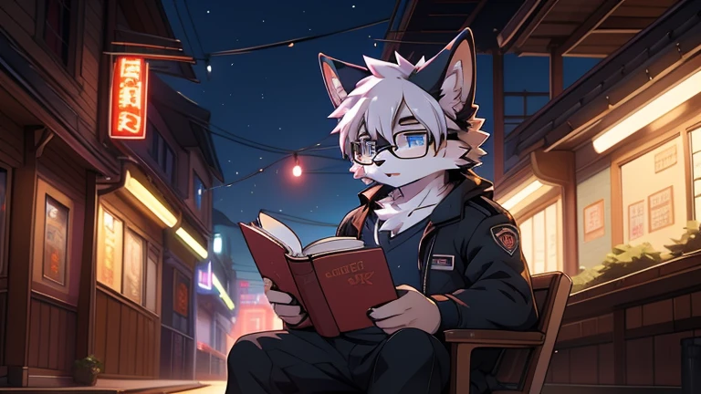 Male Kemono cat with white fur color and blue eyes. His fur is colored with various shades of blue, this Kemono Cat is wearing a Cyberpunk white shirt and long black pants, wearing eye glasses and black necklace accessories. He was reading a book on a chair by the side of the park road at night.