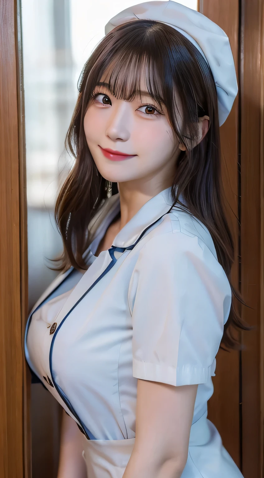 (top quality,masterpiece:1.3,Ultra A high resolution,),(very detailed,falsetto),(realistic:1.4,RAW shooting,)매우 realistic 캡처,very detailed,High-resolution 16K close-up of human skin。 The skin texture is natural、,The pores are、Must be detailed enough to be easily identified.。 Your skin tone should look even and healthy..。 Take advantage of natural light and color, resturante, nurse uniform, Nurse hat, A glimpse of the chest, 1 girl,Japanese,18 years old,cute,black hair,medium hair,(big bust:1.2),laugh, looking at the camera, leaning against the door