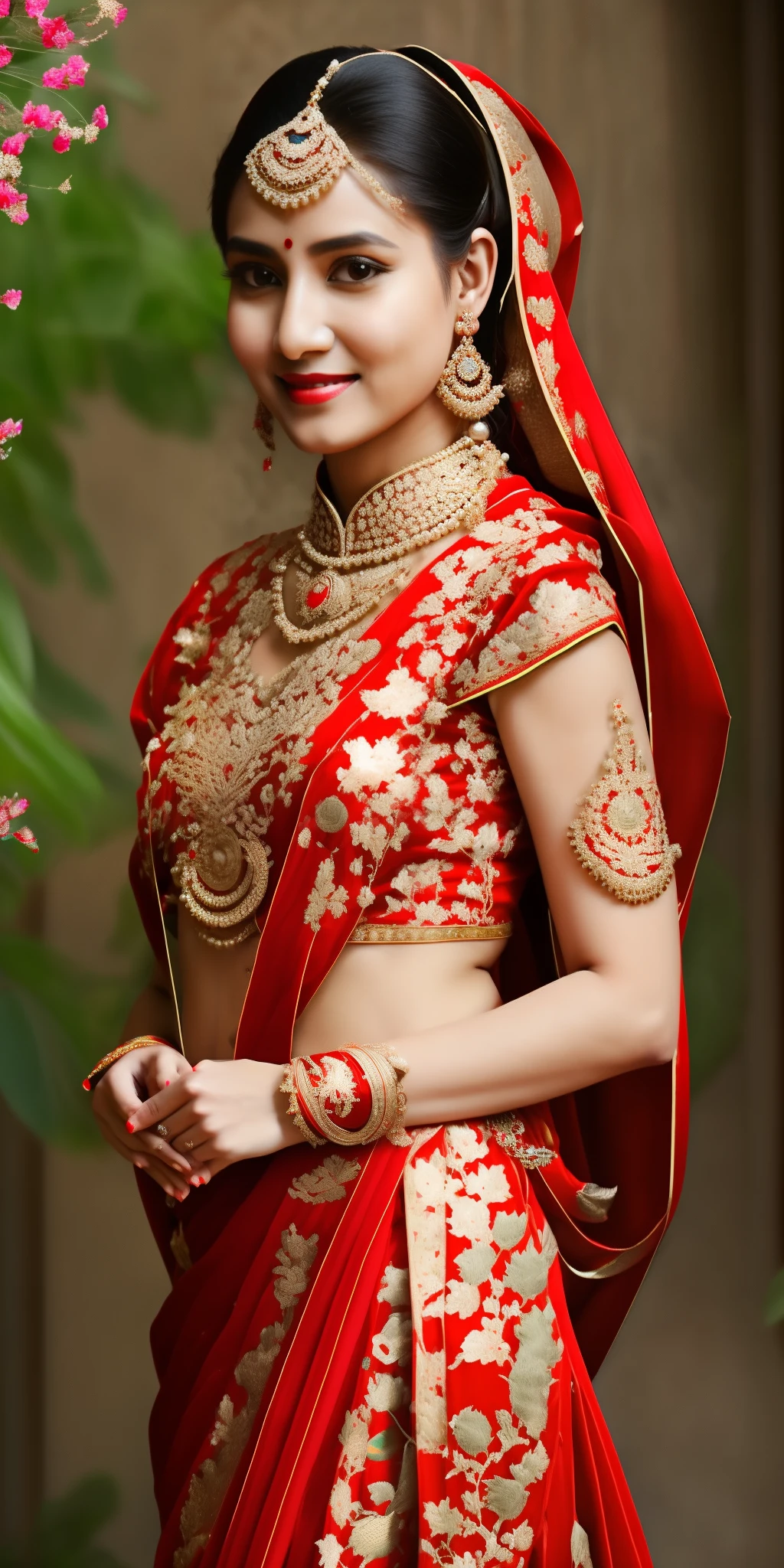 A beautiful nepali  woman with long silky hair and black eyes, wearing a red  sari dress and a pearl necklace, earring,smiling at the camera.  Realistic  --auto --s2