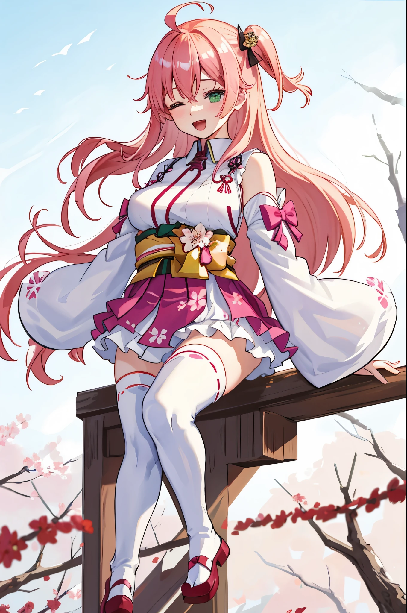 masterpiece, best quality, highres, sakura_miko, 1girl, (li:1.3),medium_breasts, kimono, solo, ahoge, x_hair_ornament, pink_hair, floral print, hairclip,(side_less_clothes:1.3), (side_breasts:1.3), hair_bell, floral print, long_hair, hair between eyes, one side up, white_thighhighs, wide sleeves, open_mouth,(happy:1.3),green_eyes,smile,apart_legs,(overly_long_sleeves:1.3),),sleeves_past_wrists,hands_hidden_sleeves,sidelock_clothes,solo,hidden_wrists,(XD:1.5),covered_nipples,sunlight,(bare_flank:1.3),boots,open_mouth,kimono,close_eyes,.