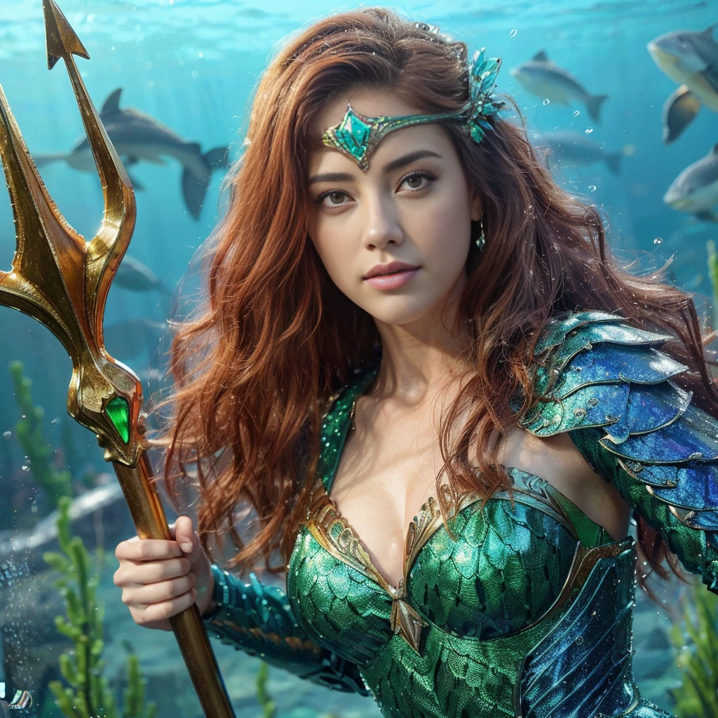 AMBER HEARD mujer hermosa, caucasian, pelo color rojo y largo, ojos claros, mojada, tiara verde, vestida con traje de armadura cuerpo completo color azul y verde con escamas, mera reina de atlantis, sosteniendo un tridente, in defense position to attack, at the bottom of the ocean among marine fauna, ((Calidad superior, 8k, obra maestra: 1.3)), belleza, AMBER HEARD, Grande: 1.3, Abdominales delgados: 1.1, , Textura facial y de piel muy detallada., Ojos detallados