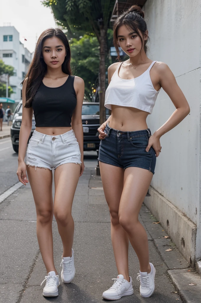 Exceptionally high quality, like full body.，slim face，18 year old beautiful girl，Thai girl,  With good shape，Ron smiled brightly.,  red lips,  Medium bust，Wearing a short black crop top，Tight jean shorts，Wear white sneakers.，street scene，Standing in a beautiful pose