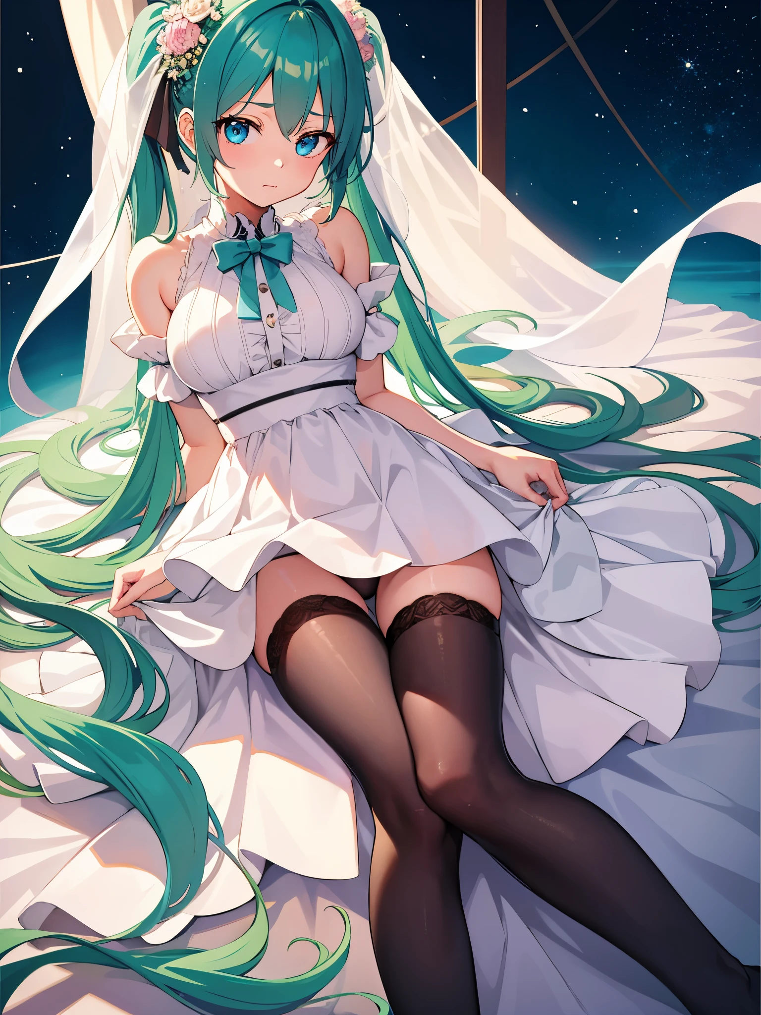 (1 girl),(high quality), (High resolution), (extremely detailed), (8K),(lower body shot),(Hatsune Miku wears panties under her transparent wedding dress),(wearing black knee-high stockings)not wearing shoes,perfect writing,(Beautifully erect nipple shape:1.2),High resolutionの美しい目,(neutral white lighting:1.2),I'm sitting in a windy, different world