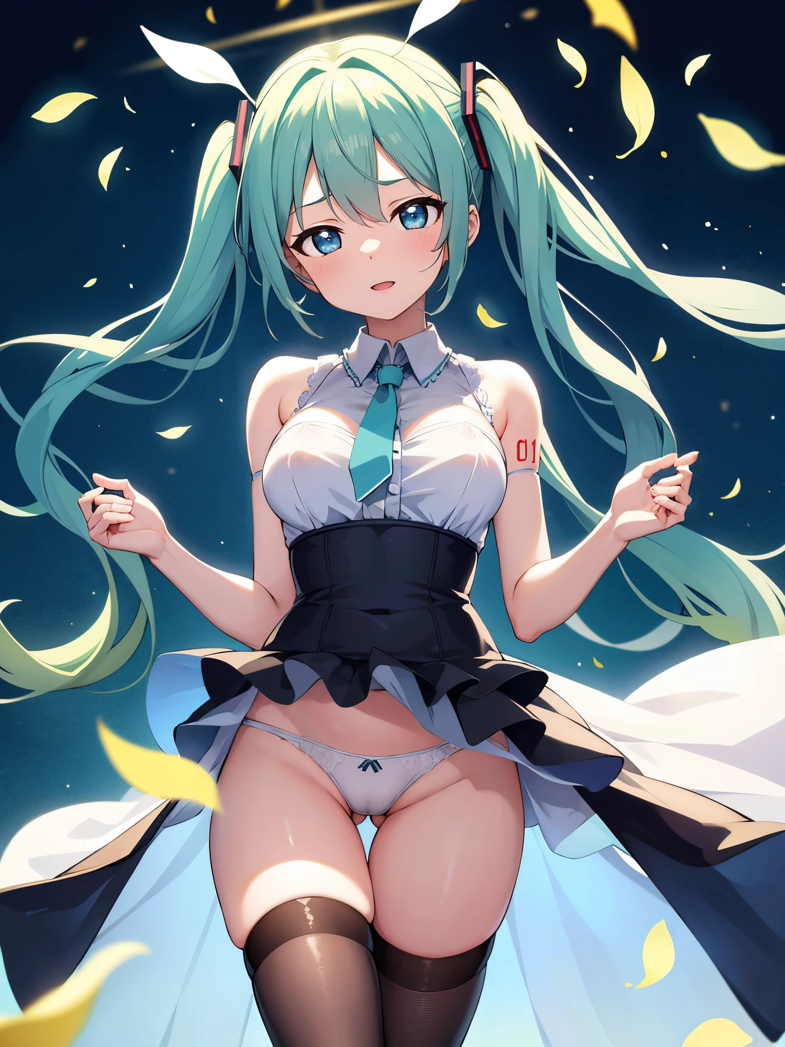 (1 girl),(high quality), (High resolution), (extremely detailed), (8K),(lower body shot),(Hatsune Miku wears panties under her transparent wedding dress),(wearing black knee-high stockings)not wearing shoes,perfect writing,(Beautifully erect nipple shape:1.2),High resolutionの美しい目,(neutral white lighting:1.2),I'm sitting in a windy, different world