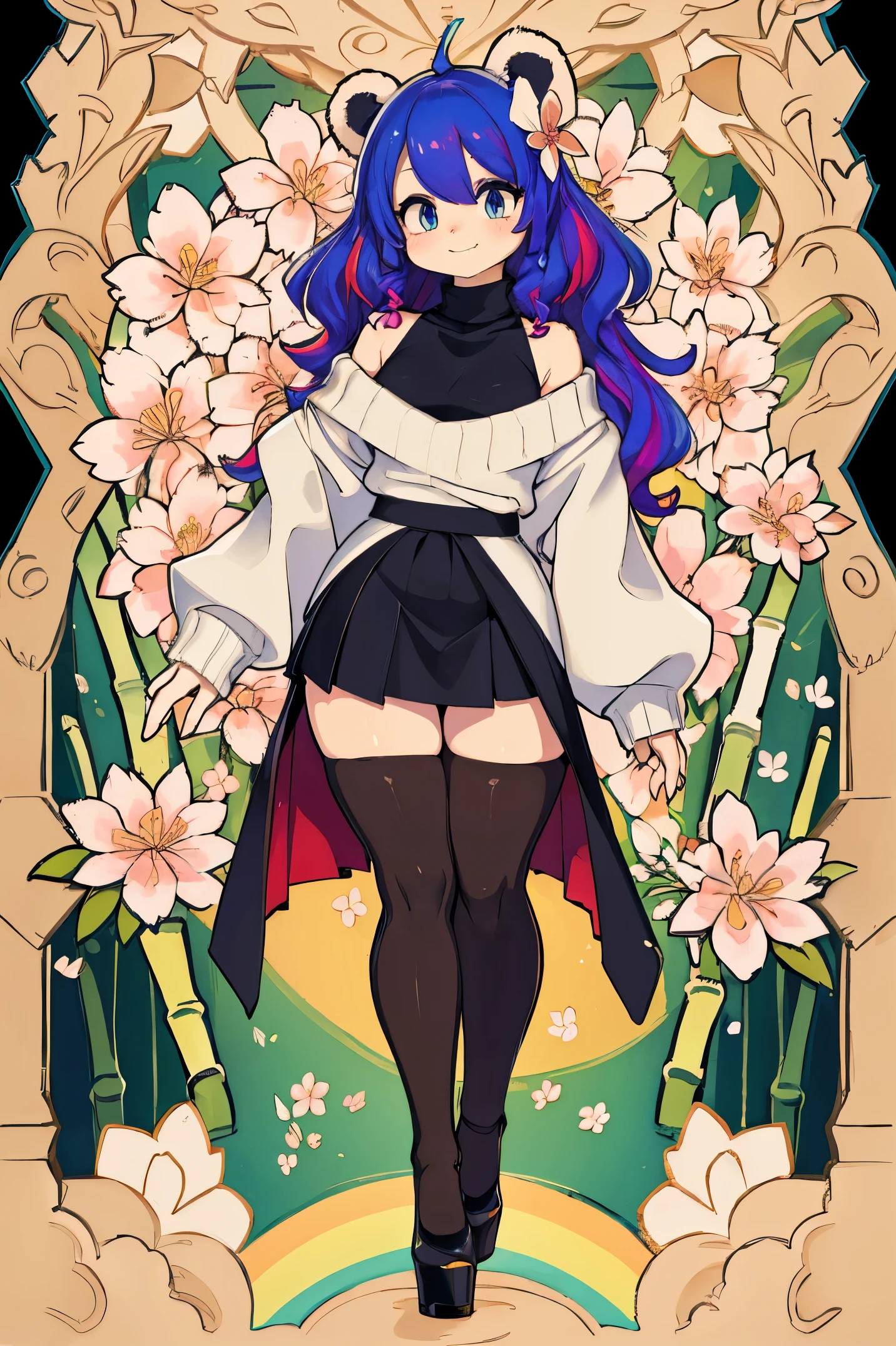 (masterpiece), best quality, expressive eyes, perfect face, 8k, panda girl, smile, (rainbow hair), (curly hair), ((human face)), [small breast:1.1], waist:1.3, 
BREAK, 
Knitted off-the-shoulder sweater, paired with a satin mini skirt and (opaque tights), combination of textures creates a cozy yet flirtatious outfit perfect for cooler weather, stiletto heels,
BREAK,
((Whimsical bamboo forest adorned with colorful blossoms)), where butterflies flutter around, creating a scene of pure fantasy and natural beauty,