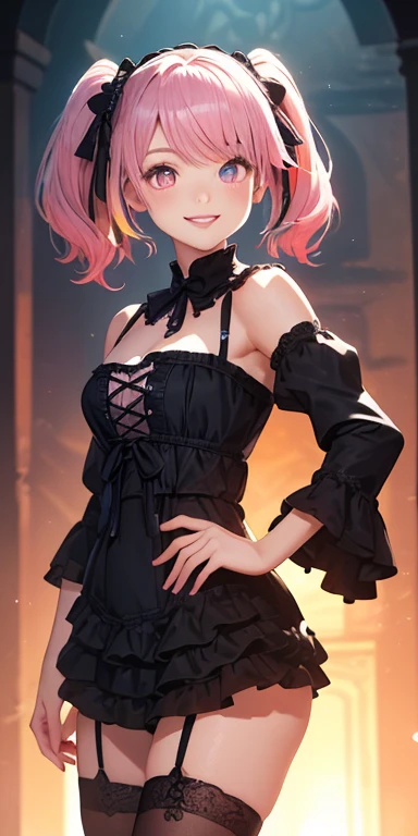 (pink hair,colorful fluorescence multicolored  hair:1.5,short twintails:1.5), (masterpiece, sidelights, exquisite beautiful eyes: 1.5), masterpiece*portrait, realistic, ((gothic horror background:1.5)),(Gentle face:1.5),colorful,3D face,(cute face),front view: 1.6、 (glowing red eyes:1.2),(tareme:1.5)、(cute smile:1.5),((blue lips:1.2)),Slim Body, shiny hair, shiny skin: 1.5、medium breasts,、solo,(stand)、(lolita dress:1.5)、(charactor focus:1.5、portlate、eye focus,cowboy shot)、bright atmosphere,intricatedetails