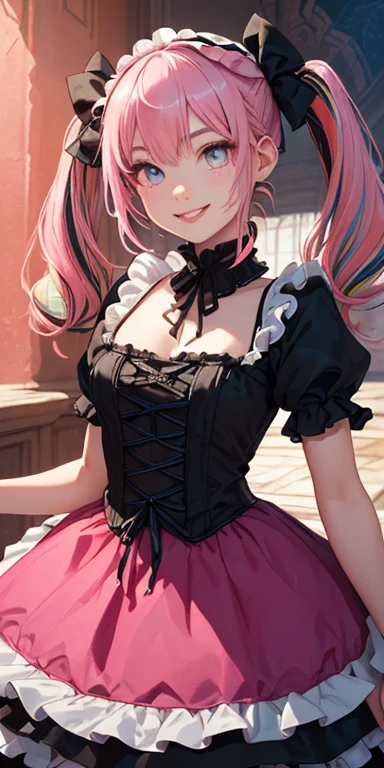 (pink hair,colorful fluorescence multicolored hair:1.5,short twintails:1.5), (masterpiece, sidelights, exquisite beautiful eyes: 1.5), masterpieceportrait, realistic, ((gothic horror background:1.5)),(Gentle face:1.5),colorful,3D face,(cute face),front view: 1.6、 (glowing red eyes:1.2),(tareme:1.5)、(cute smile:1.5),((blue lips:1.2)),Slim Body, shiny hair, shiny skin: 1.5、medium breasts,、solo,(stand)、(ta dress:1.5)、(charactor focus:1.5、portlate、eye focus,cowboy shot)、bright atmosphere,intricatedetails