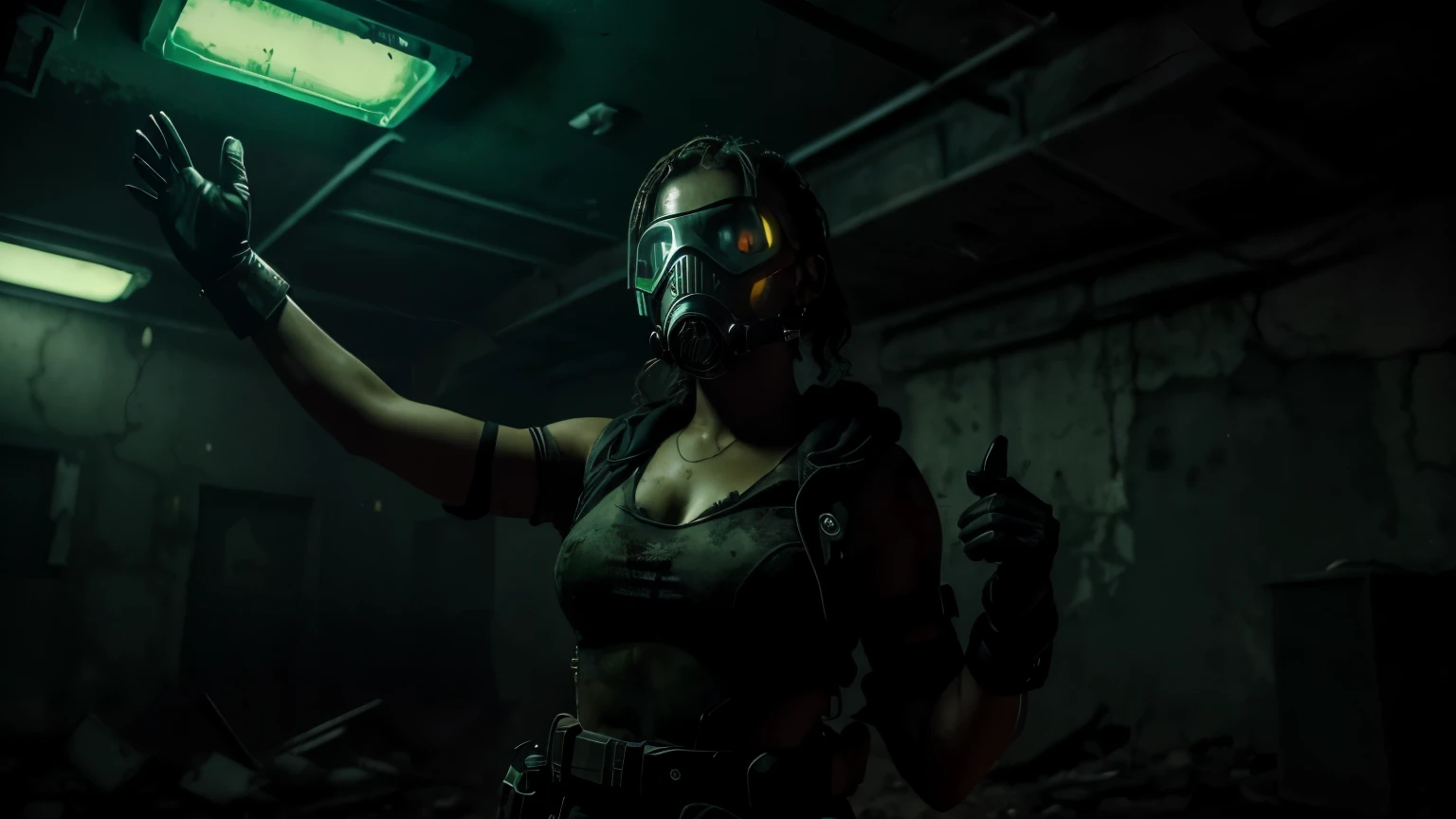 Mulher resiliente em meio a um apocalipse zumbi, wearing a gas mask and gloves, raising hands in warning, in a desolate and chaotic environment. Intensified post-apocalyptic glow, character adapted to the fight for survival in a devastated world. A beauty marked by resistance, is the model of this post-apocalyptic era, uma guerreira em vez de uma garota modelo. Seu estilo reflete a dureza da realidade zumbi, a hyper-realistic vision of the apocalypse, without the cyberpunk glamorization, but with dark nuances and neon intensity amidst the darkness.
