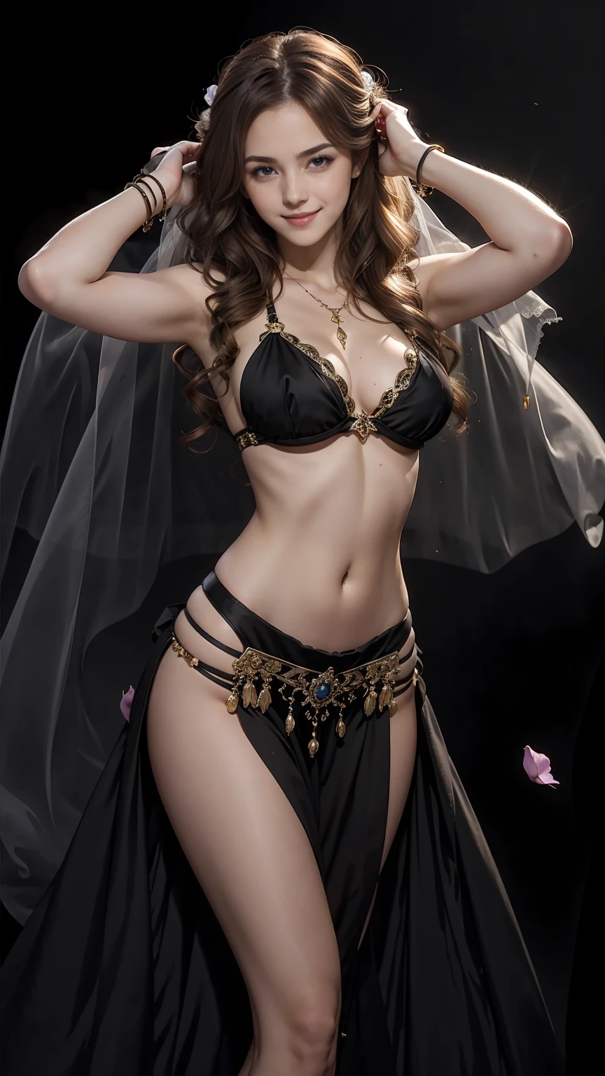 24-year-old Caucasian woman、Hair color is reddish、Hair is wavy、Eye color is blue、long hair、Hair is tied back、slender、smile、My abs are cracked、slenderだが均整の取れた細マッチョ、I'm wearing pin heels、smile、accessories on the wrist、wearing a belly dance costume、hiding the mouth with a veil、Belly dancing vigorously、Pitch black background、Flower petals are dancing all over the screen、The background is art nouveau style、I can see the lower breasts