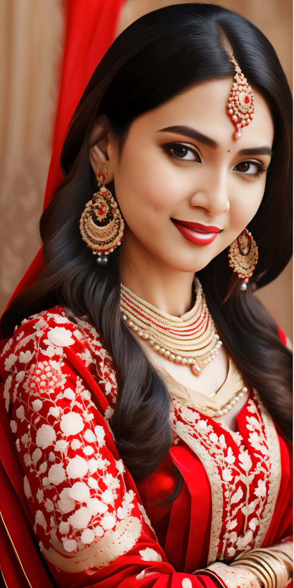 A beautiful nepali  woman with long silky hair and black eyes, wearing a red  sari dress and a pearl necklace, earring,smiling at the camera.  Realistic  --auto --s2