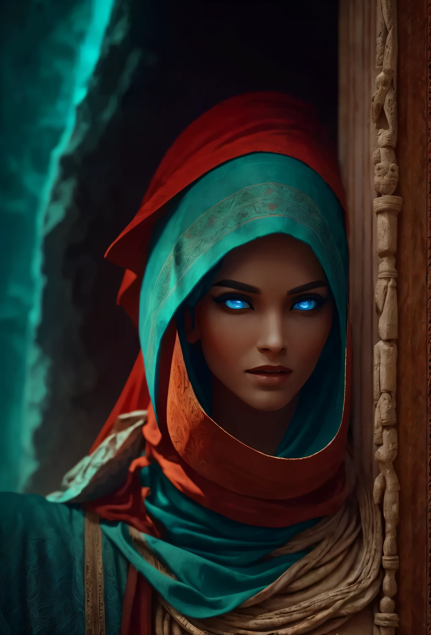 Living mummy with bands coming out of the tomb, big neon red eyes, cape with dark red headdress, slightly bluish skin, excess teeth stone sarcophagus with blue moss, photorealistic, highly detailed, counter-zenithal, photorealism.  --auto --s2