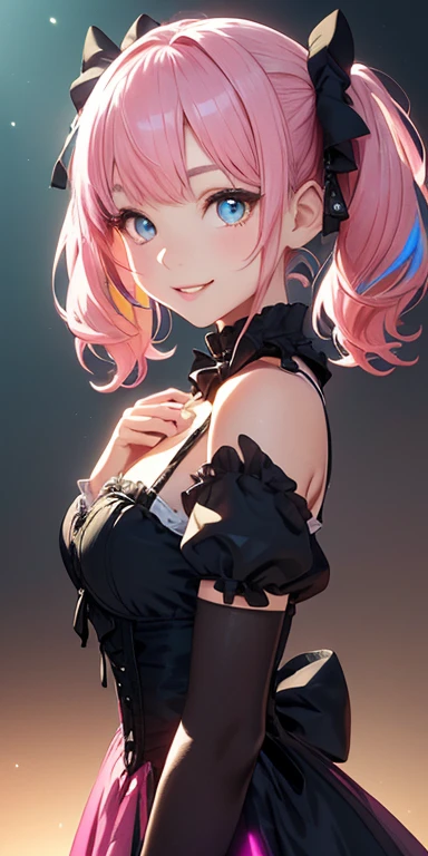 (pink hair,colorful fluorescence multicolored hair:1.5,short twintails:1.5), (masterpiece, sidelights, exquisite beautiful eyes: 1.5), masterpiece*portrait, realistic, ((gothic horror background:1.5)),(Gentle face:1.5),colorful,3D face,(cute face),front view: 1.6、 (glowing red eyes:1.2),(tareme:1.5)、(cute smile:1.5),((blue lips:1.2)),Slim Body, shiny hair, shiny skin: 1.5、medium breasts,、solo,(stand)、(lolita dress:1.5)、(charactor focus:1.5、portlate、eye focus,cowboy shot)、bright atmosphere,intricatedetails