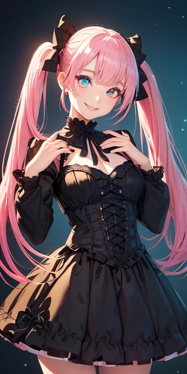 (pink hair,colorful fluorescence multicolored hair:1.5,short twintails:1.5), (masterpiece, sidelights, exquisite beautiful eyes: 1.5), masterpieceportrait, realistic, ((gothic horror background:1.5)),(Gentle face:1.5),colorful,3D face,(cute face),front view: 1.6、 (glowing red eyes:1.2),(tareme:1.5)、(cute smile:1.5),((blue lips:1.2)),Slim Body, shiny hair, shiny skin: 1.5、medium breasts,、solo,(stand)、(ta dress:1.5)、(charactor focus:1.5、portlate、eye focus,cowboy shot)、bright atmosphere,intricatedetails