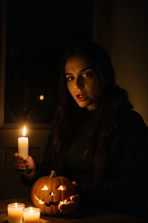 a spooky pumpkin carving, detailed carvings, glowing eyes, creepy mouth, dark background, realistic texture, best quality image, eerie lighting, Halloween theme, candlelit scene, vibrant colors, haunted atmosphere