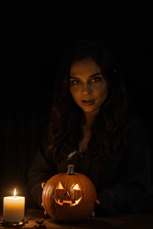 a spooky pumpkin carving, detailed carvings, glowing eyes, creepy mouth, dark background, realistic texture, best quality image, eerie lighting, Halloween theme, candlelit scene, vibrant colors, haunted atmosphere