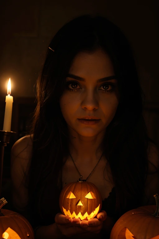 a spooky pumpkin carving, detailed carvings, glowing eyes, creepy mouth, dark background, realistic texture, best quality image, eerie lighting, Halloween theme, candlelit scene, vibrant colors, haunted atmosphere
