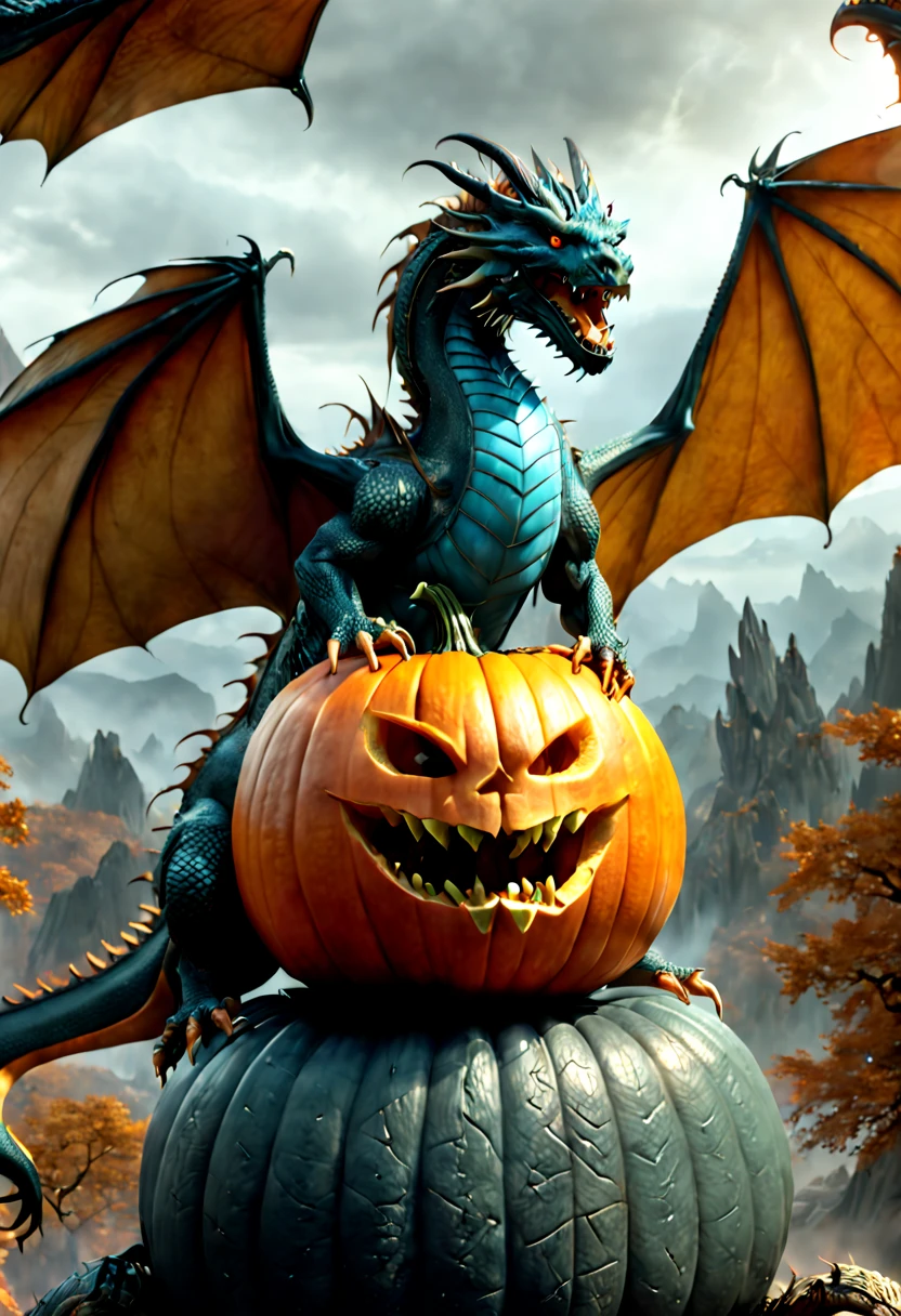 pumpkin of Eragon on dragon, octane render, (best quality, masterpiece, Representative work, official art, Professional, 8k:1.3)