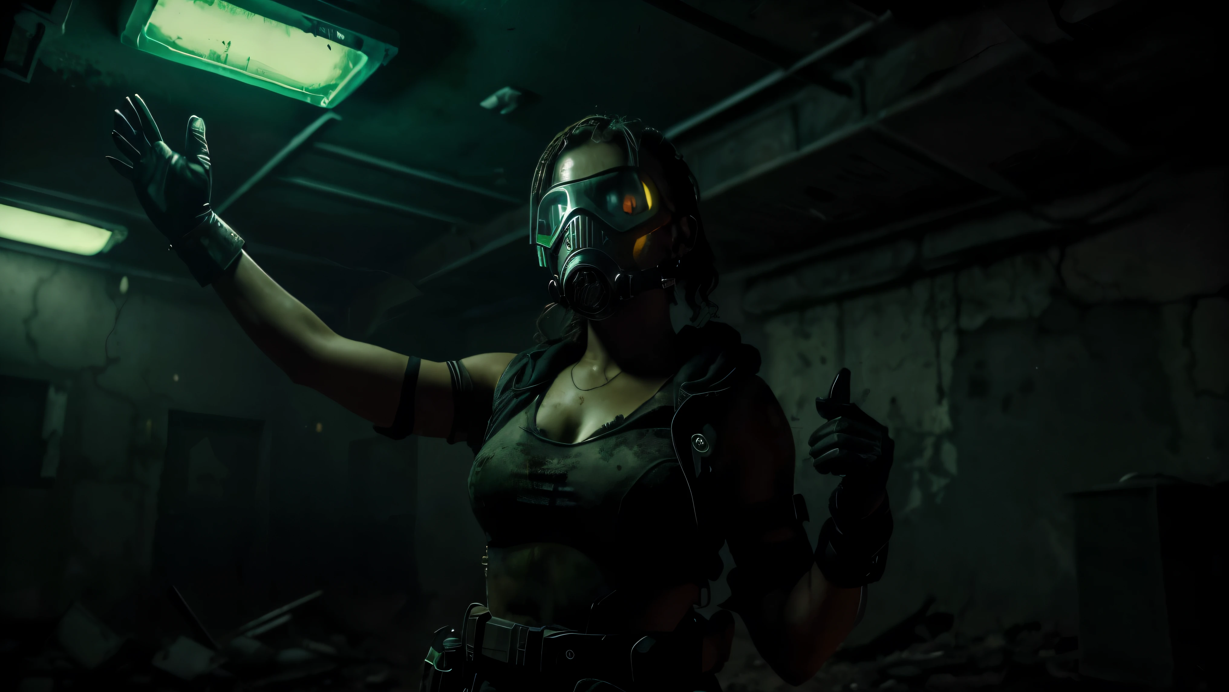Mulher resiliente em meio a um apocalipse zumbi, wearing a gas mask and gloves, raising hands in warning, in a desolate and chaotic environment. Intensified post-apocalyptic glow, character adapted to the fight for survival in a devastated world. A beauty marked by resistance, is the model of this post-apocalyptic era, uma guerreira em vez de uma garota modelo. Seu estilo reflete a dureza da realidade zumbi, a hyper-realistic vision of the apocalypse, without the cyberpunk glamorization, but with dark nuances and neon intensity amidst the darkness.