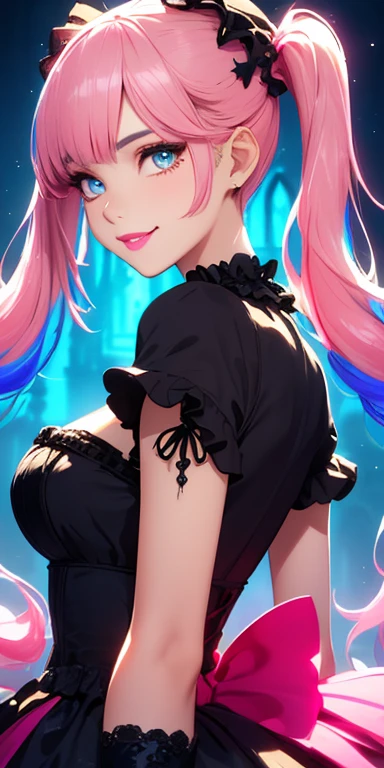 (pink hair,colorful fluorescence multicolored  hair:1.5,short twintails:1.5), (masterpiece, sidelights, exquisite beautiful eyes: 1.5), masterpiece*portrait, realistic, ((gothic horror background:1.5)),(Gentle face:1.5),colorful,3D face,(cute face),front view: 1.6、 (glowing red eyes:1.2),(tareme:1.5)、(cute smile:1.5),((blue lips:1.2)),Slim Body, shiny hair, shiny skin: 1.5、medium breasts,、solo,(stand)、(lolita dress:1.5)、(charactor focus:1.5、portlate、eye focus,cowboy shot)、bright atmosphere,intricatedetails