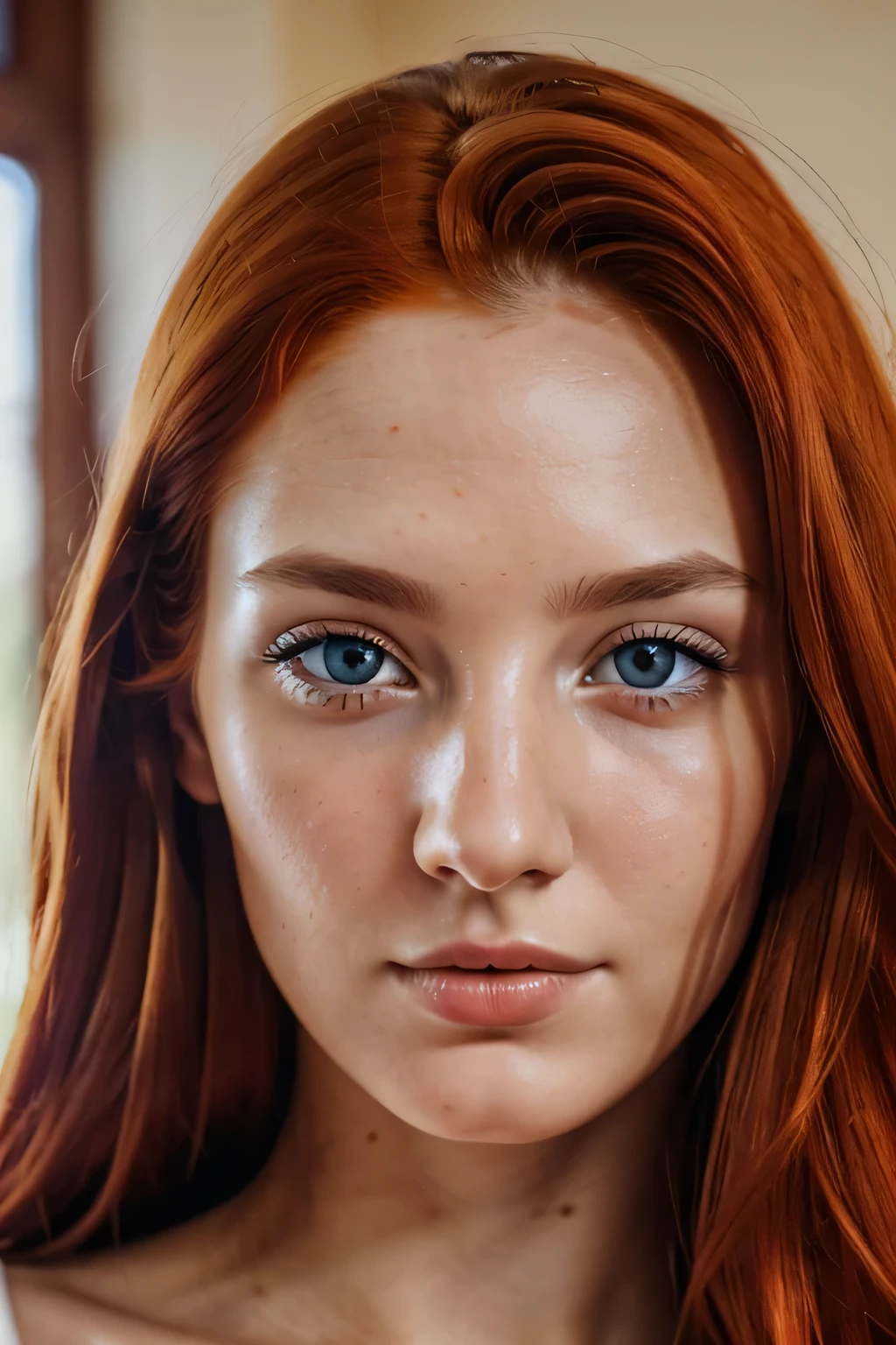 closeup portrait photo of beautiful woman, no makeup, 8k uhd, high quality, 25 years old exquisite Italian girl with fiery red hair, piercing blue eyes, and delicate Mediterranean features , fit, slim, , best quality, highly detailed, intricate details, happy, Fujifilm XT3