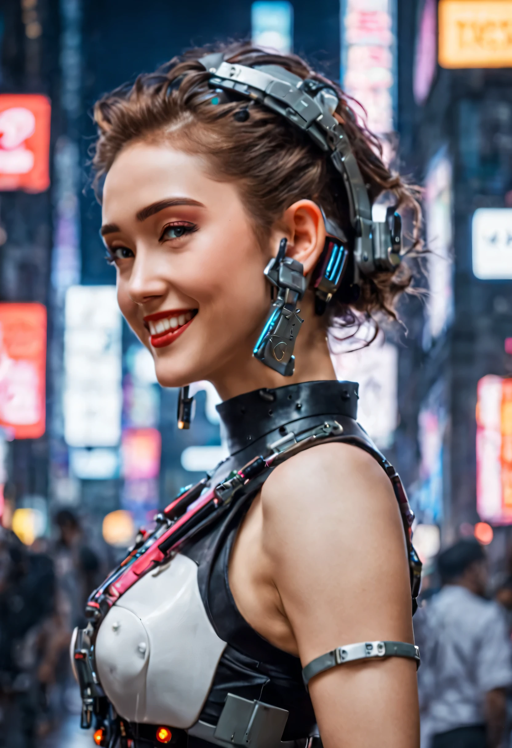 masterpiece, best quality, ((smiling)) cyberpunk girls standing, profile view, having grey and white uniform and black long skirt, Harajuku-inspired cyberpunk body harness, bold colors and patterns, eye-catching accessories, trendy and innovative hairstyle with baroque influence, dazzling Cyberpunk cityscape, skyscrapers, glowing neon signs, LED lights, anime illustration, detailed skin texture, detailed cloth texture, beautiful detailed face, intricate details, ultra detailed, cinematic lighting, strong contrast.