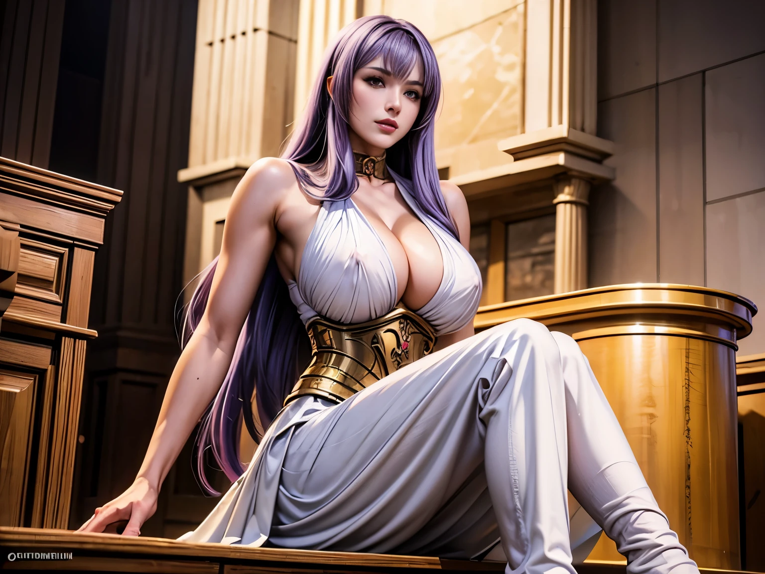 Sasha, purple hair, long hair, red eyes, white dress, collar, long skirt ,sleeveless, bare shoulders, split, clavicle, gold accessories, corset, 1 girl, perfect asian goddeslawless titquisite facial features，stunning，alone, (huge tits:1.4),looking at the audience,(whole body:1.4),supreme beauty,solemn,foot shot,(from below:1.3)