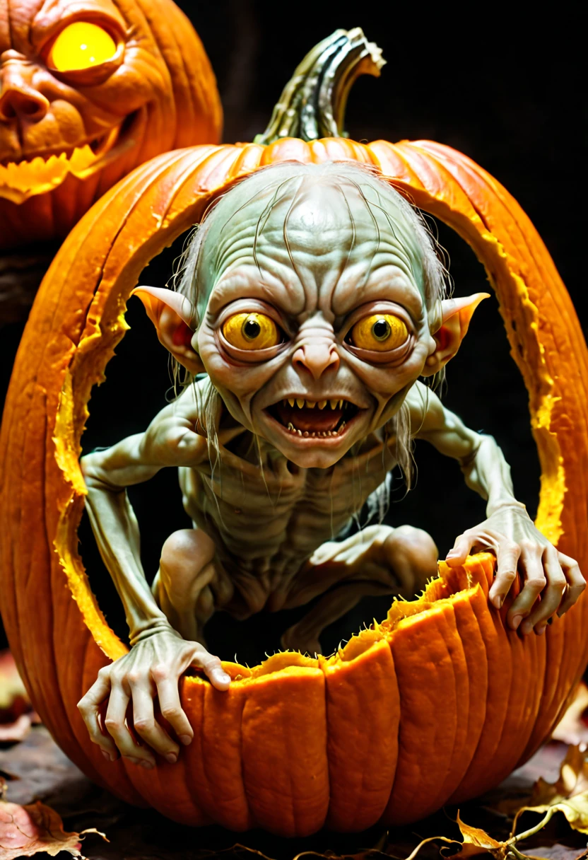 pumpkin relief of Gollum in "the Lord of the Ring", octane render, (best quality, masterpiece, Representative work, official art, Professional, 8k:1.3)