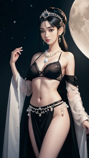 Beautiful and noble woman, Slender beauty, 24-years-old, Symmetrical eyes, (((Wearing a sheer grey and silver Greek dress,))), (((Black straight hair, Small breasts, Tight waist, Beautiful legs))), ((Spread your legs wide:1.4)), (((Against the Moon))), Very detailed