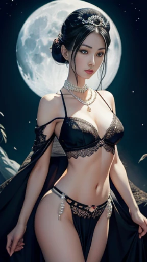 Beautiful and noble woman, Slender beauty, 24-years-old, Symmetrical eyes, (((Wearing a sheer grey and silver Greek dress,))), (((Black straight hair, Small breasts, Tight waist, Beautiful legs))), ((Spread your legs wide:1.4)), (((Against the Moon))), Very detailed