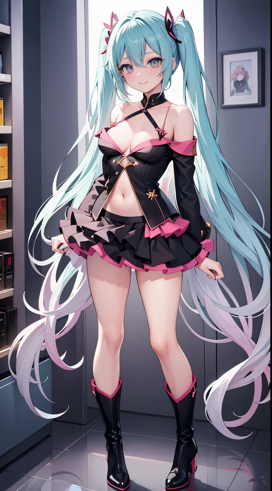 1girl,solo,standing,large breasts, cleavage, 
Small skirt, off shoulder, navel, lace-trimmed legwear, arms at sides,  boots, light smile, hatsune miku, full body veiw, in a modern shopping mall, lewd, have , masturbation, lewd, , ngực trần, thấy ngực, lộ vú, vú, breasts, naked, naked girl, ngực siêu to, lộ bầu ngực, ngực lộ ra, ahegao,